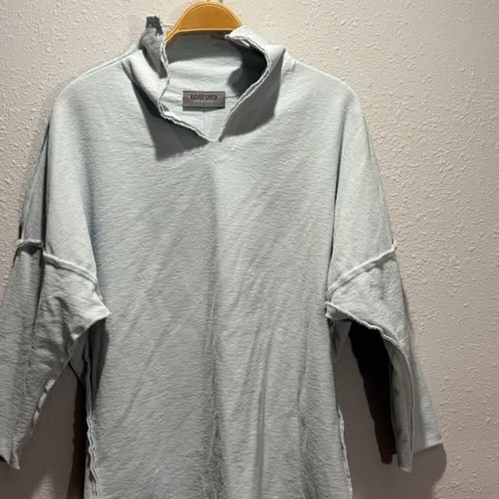Eleven Stitch Design Raw Edge Split Neck Cotton Knit Tunic Top Grey Size S Lagen